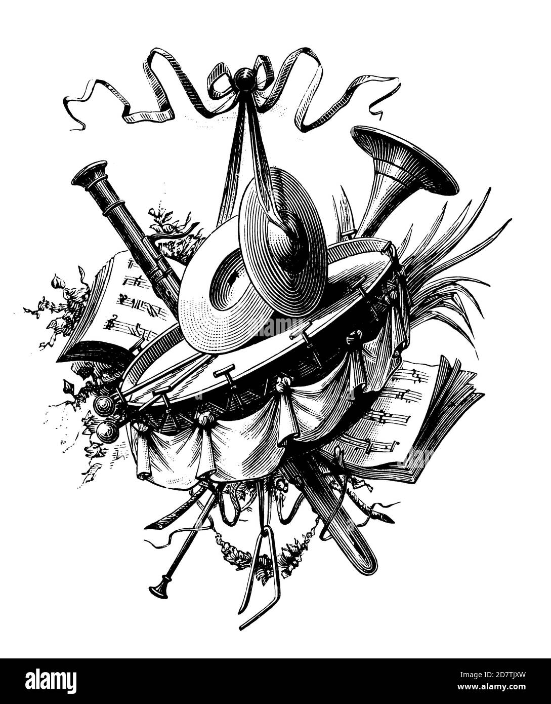 Illustration einer Musikdekoration aus dem 19. Jahrhundert (isoliert auf Weiß). Veröffentlicht in Examples des divers caracteres et vignettes typographiques de la fo Stockfoto