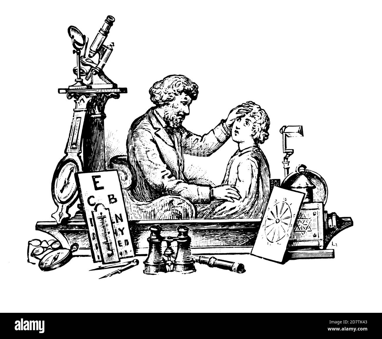 Antiker Stich eines Wissenschaftlers aus dem 19. Jahrhundert (isoliert auf Weiß). Veröffentlicht in Examples des divers caracteres et vignettes typographiques de la Fond Stockfoto