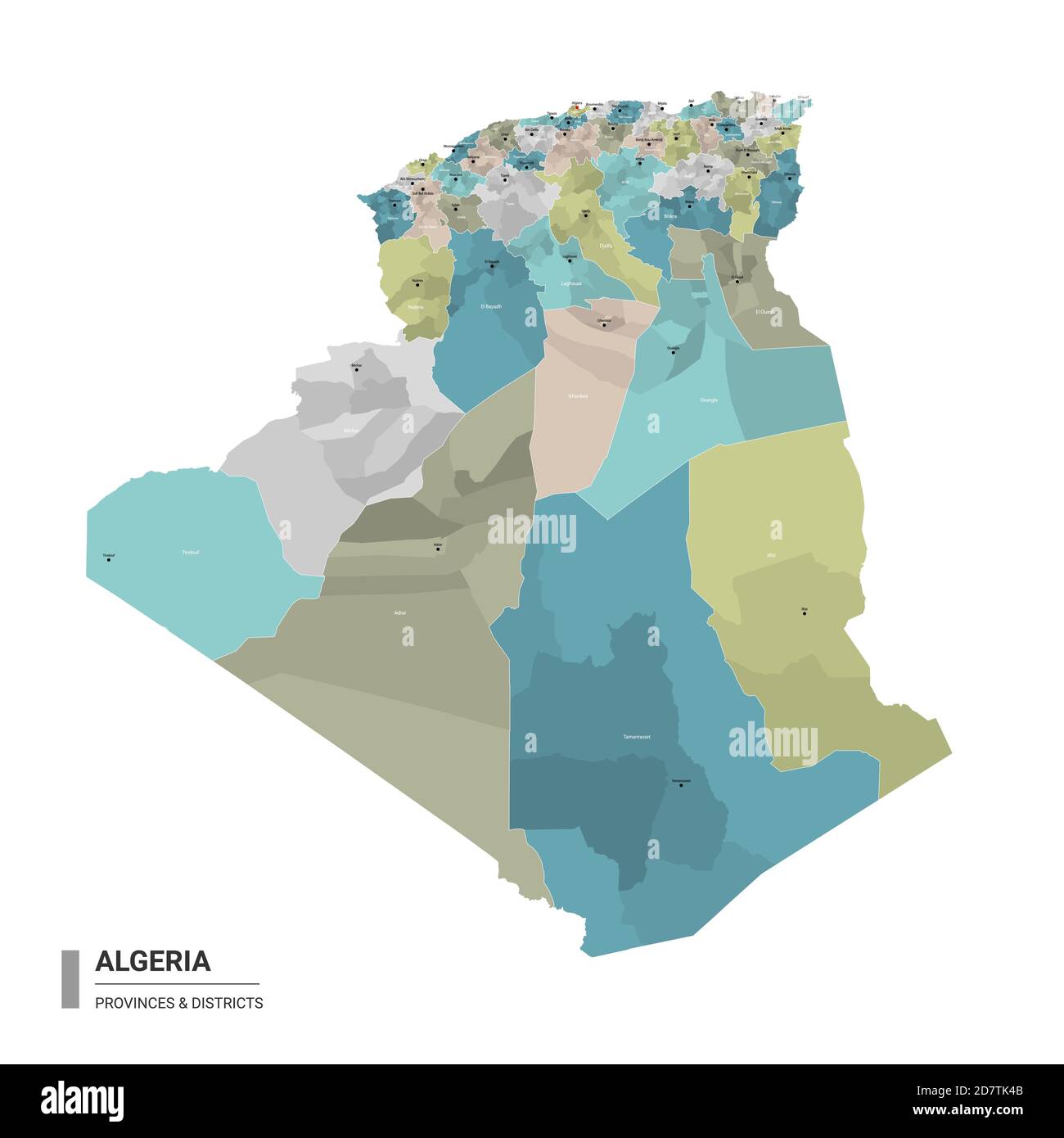 Algerien hat detaillierte Landkarte mit Unterteilungen. Verwaltungskarte von Algerien mit Bezirken und Stadtnamen, farbig nach Bundesstaaten und Verwaltungsbezirk Stock Vektor