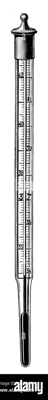 Antike Gravur eines Thermometers aus dem 19. Jahrhundert (isoliert auf Weiß). Veröffentlicht in Examples des divers caracteres et vignettes typographiques de la fo Stockfoto