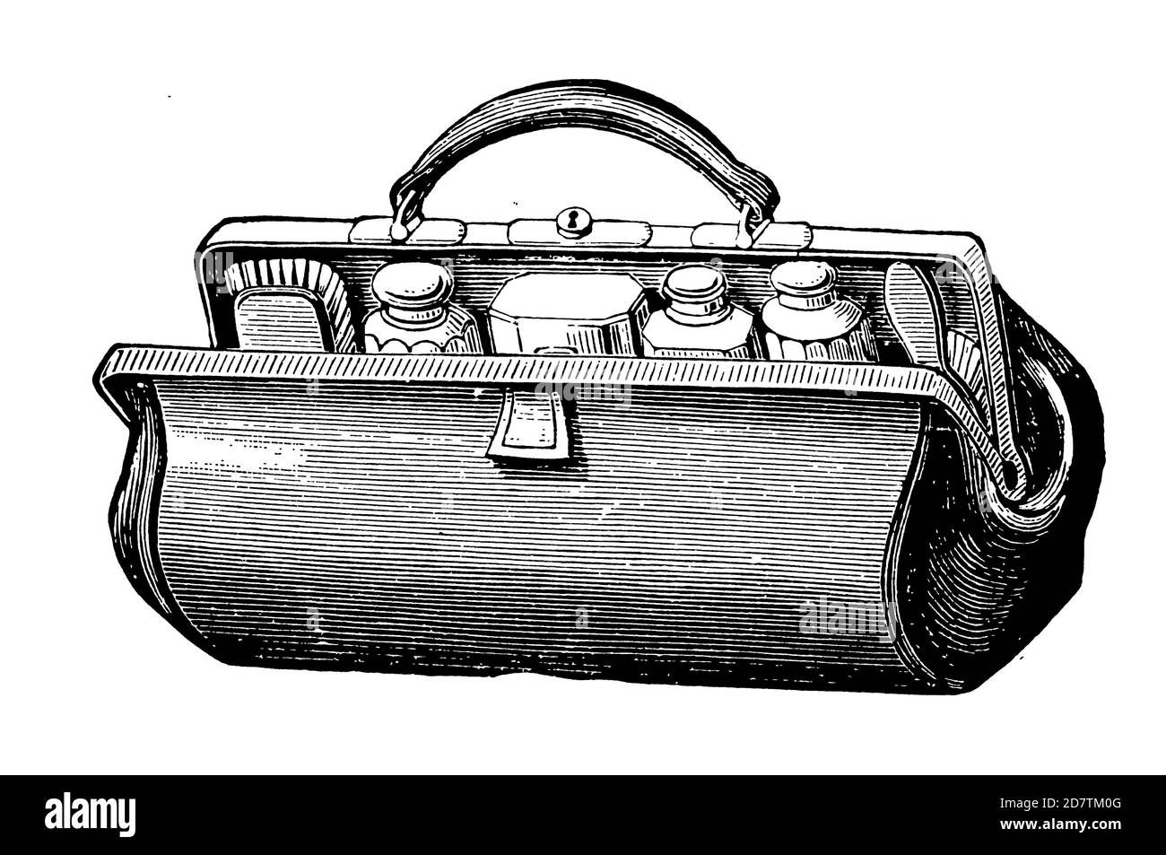 Vintage Travel Suitcase - Original Antique 19. Century Tourism Advertising Design Schwarz-Weiß-Illustrationen von Reisezubehör und Taschen Stockfoto