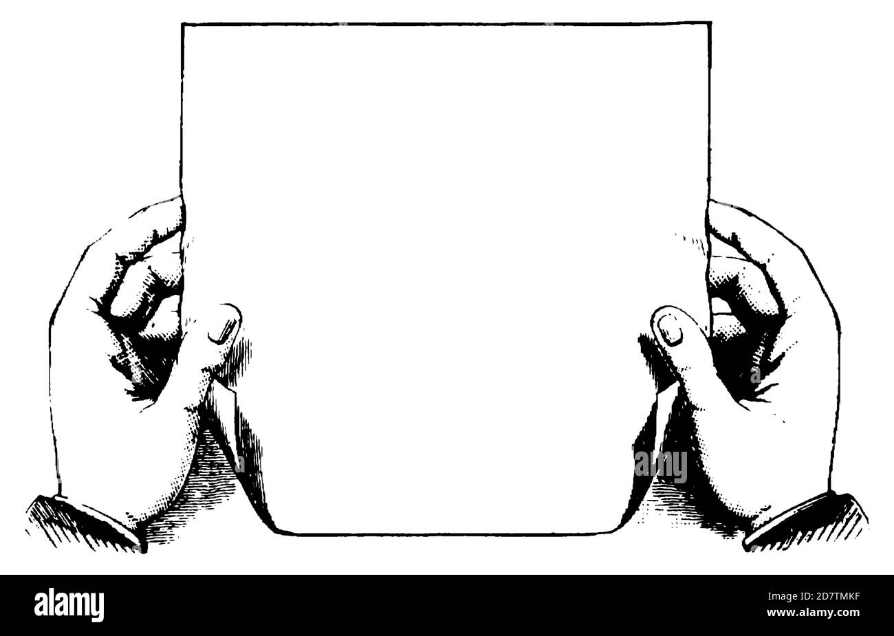 Hände halten unbeschriftete Papier Schild Copyspace Vintage Schwarz-Weiß Illustration Original Antik Design Stockfoto