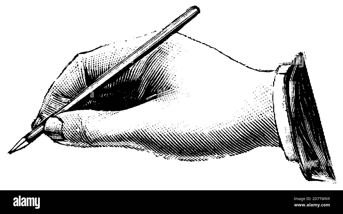 Mann schreibt auf Papier Vintage Schwarz-Weiß Illustration Stockfoto