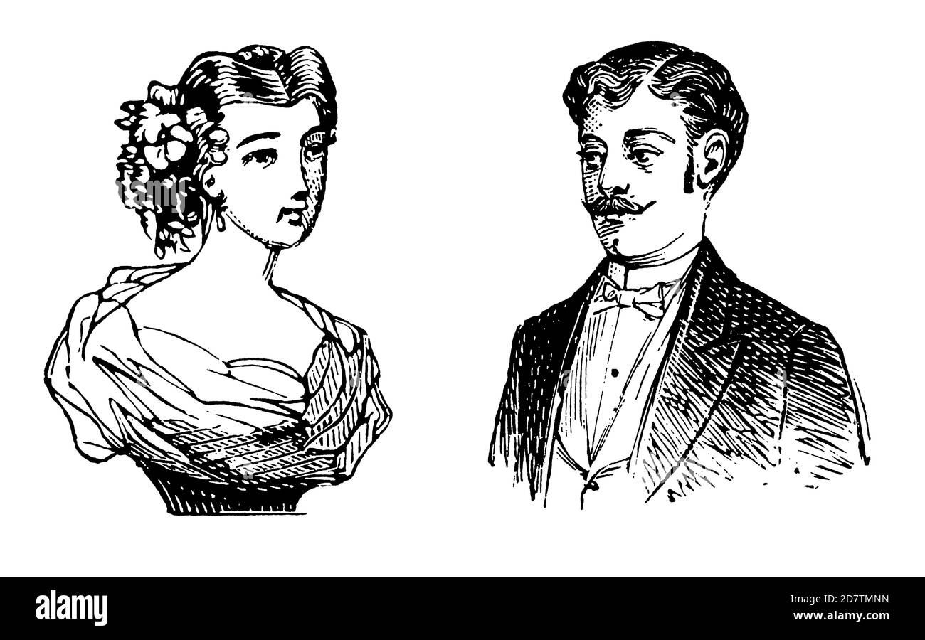 Kopf-und-Schulter-Porträts von Mann und Frau, Vintage-Stil aus dem 19. Jahrhundert Stockfoto