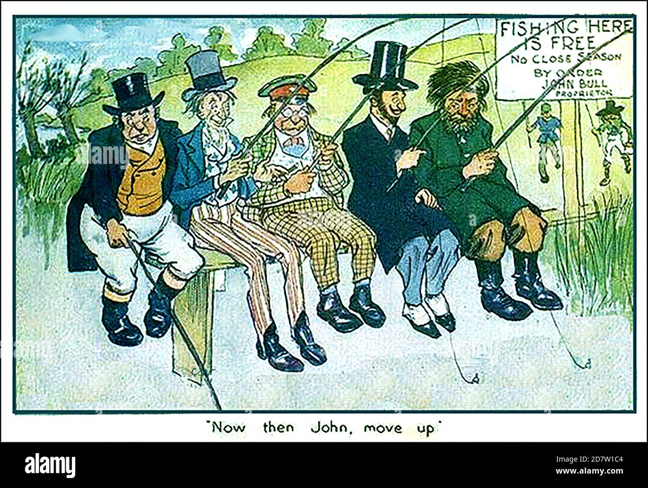 Eine englische politische Comic-Postkarte aus dem Jahr 1913, die zunächst das FREIHANDELSABKOMMEN kommentiert, aber realitätsgewahrt für die heutigen Brexit-Handelsverhandlungen und Fischereirechte ist. Abgebildet sind von links nach rechts John Bull (Großbritannien) Amerika, Deutschland, Frankreich und Russland. Andere Länder sind im Hintergrund zu sehen, die in Richtung des Fischereigrunds gehen. Stockfoto