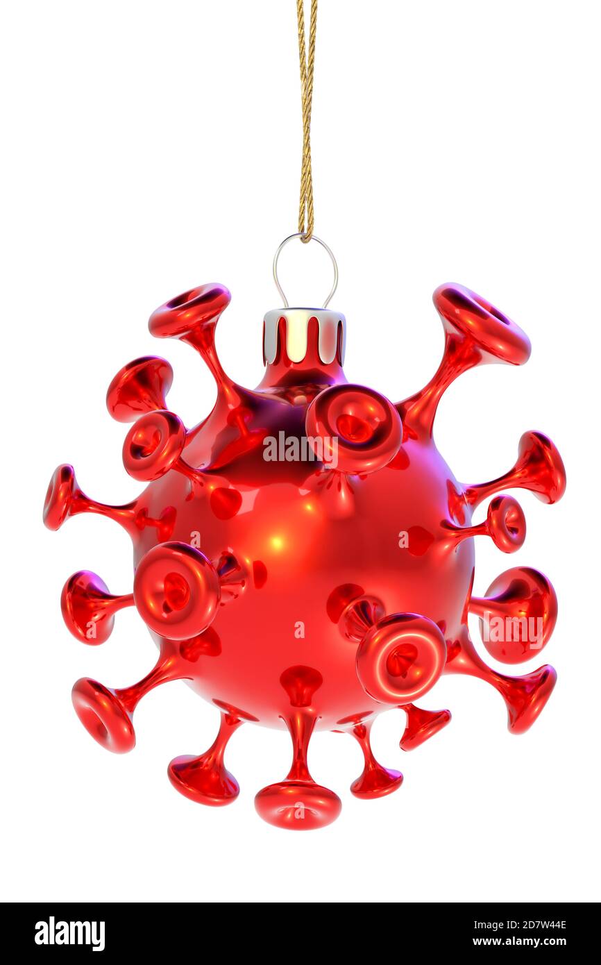 Weihnachten Coronavirus Covid 19 Kugel. Weihnachtsdekoration. Isoliert, ausgeschnitten, Weißer Hintergrund Glas isoliert Ausschnitt Stillleben. Baumschmuck Stockfoto