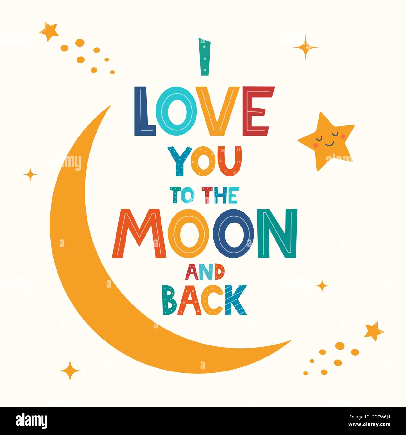 Handgezeichnete Schriftzüge I Love You To The Moon und Back für Print, Kleidung, Grußkarte, Kinderzimmerdekor im skandinavischen Stil. Kinderdruck. Vecto Stock Vektor