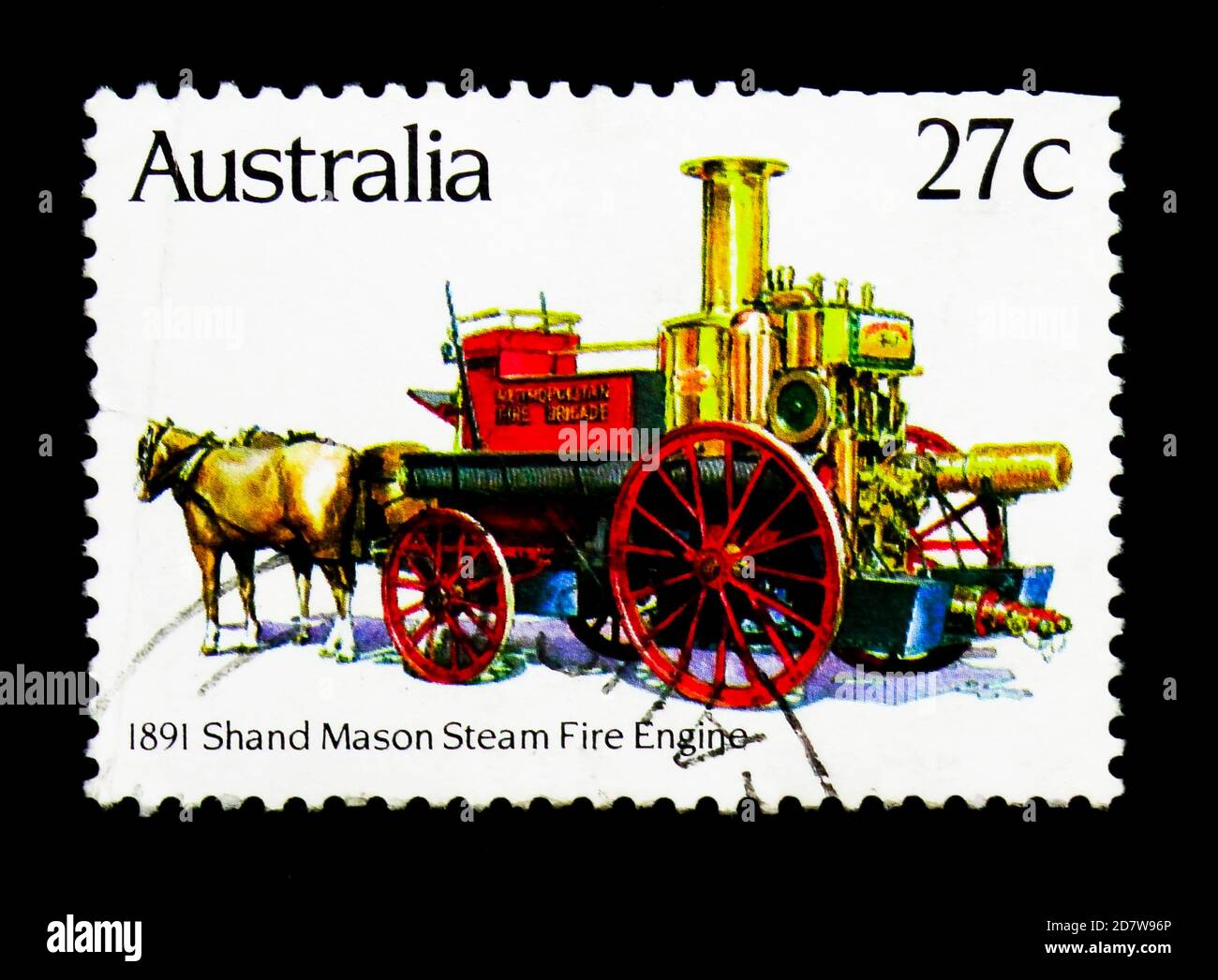MOSKAU, RUSSLAND - 28. MÄRZ 2018: Eine in Australien gedruckte Marke zeigt Shand Mason Dampffeuermaschine (1891), Historic Fire Engines Serie, um 1983 Stockfoto