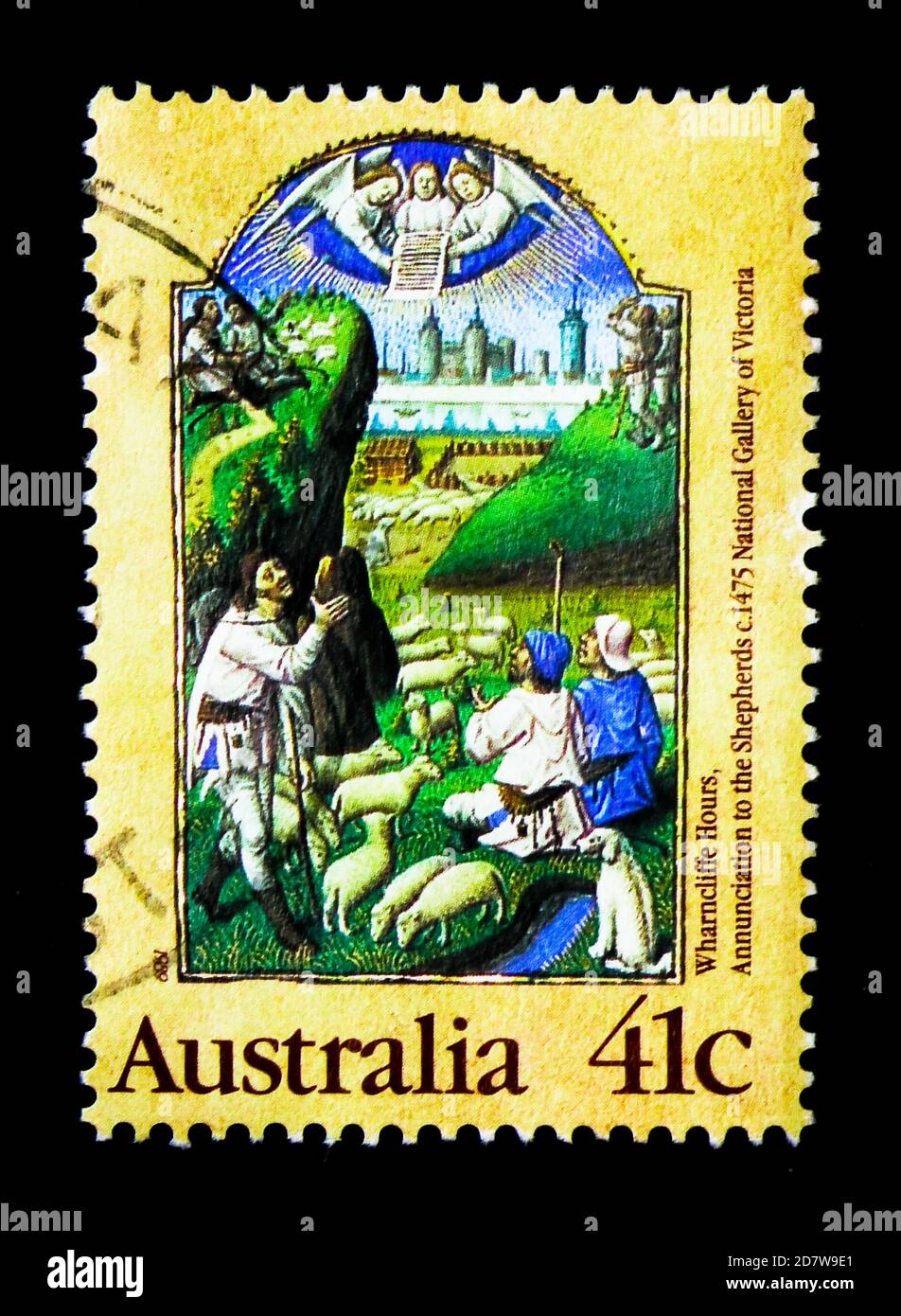 MOSKAU, RUSSLAND - 28. MÄRZ 2018: Eine in Australien gedruckte Briefmarke zeigt Shepherds - Christmas, Serie, um 1989 Stockfoto