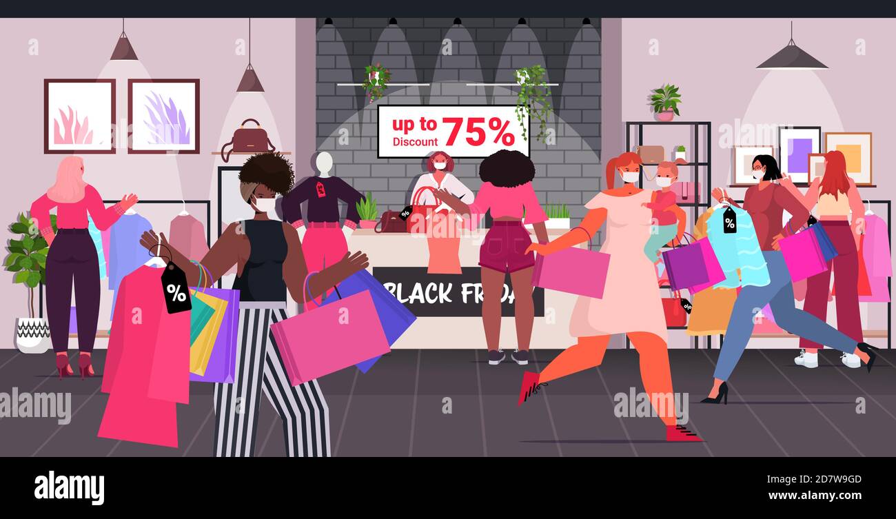 Mix Rennen Mädchen in Masken laufen mit Kleidung und Einkaufen Taschen schwarz freitag großen Verkauf coronavirus Quarantäne Konzept Mode-Shop Horizontale Vektorgrafik für den Innenraum in voller Länge Stock Vektor