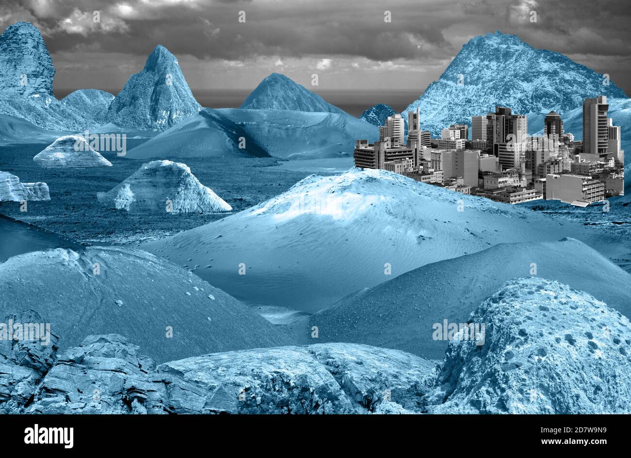 Eine Fantasievision einer geheimnisvollen gefrorenen Welt mit ihren eigenen Nordlichtern. Stockfoto