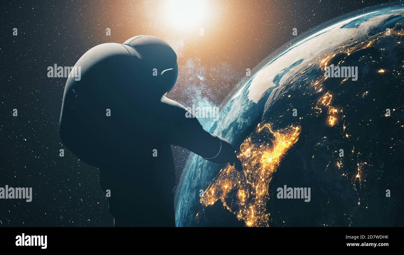 Nahaufnahme Silhouette Astronaut: Raum Erde Planet bei Sonne Licht in dunklen Sternenhimmel des Sonnensystems in modernen Druckanzug. Kosmos NASA Spacer Explorer Nahaufnahme fliegen in Schwerelosigkeit. Kunstdarstellung Stockfoto