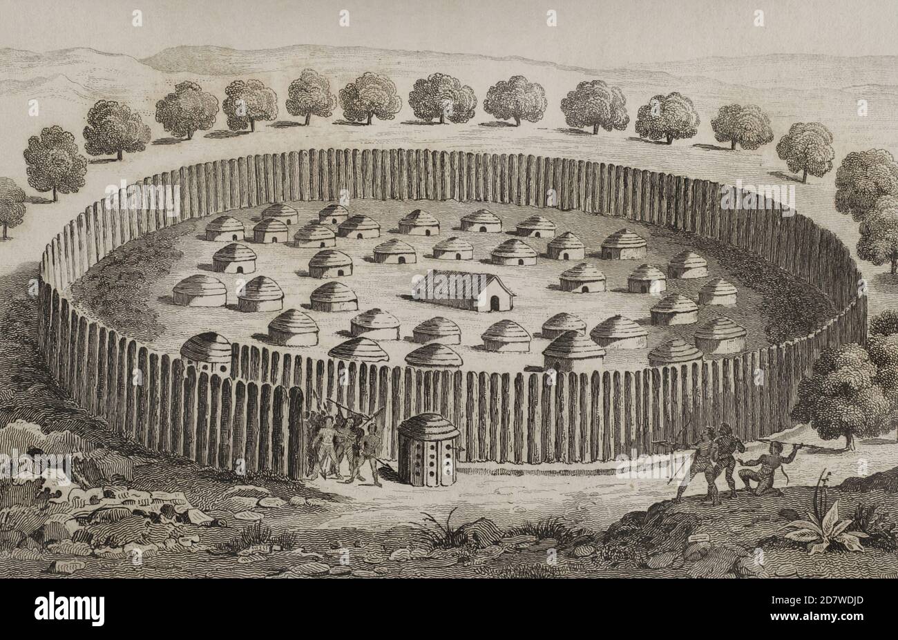 Geschichte der Vereinigten Staaten. Französische Expedition aus dem 16. Jahrhundert. Florida. Timucua Indianer Stamm. Traditionelle Architektur der indigenen Dörfer, mit der Installation einer defensiven Palisade. Jacques Le Moyne de Morgues (1533-1588) machte die Illustrationen während der Expedition. 19. Jahrhundert Stich von Vernier nach dem Original von Jacques Le Moyne. Panorama Universal. Geschichte der Vereinigten Staaten von Amerika, ab 1. Auflage von Jean B.G. Roux de Rochelle's Etats-Unis d'Amérique im Jahr 1837. Spanische Ausgabe, gedruckt in Barcelona, 1850. Stockfoto