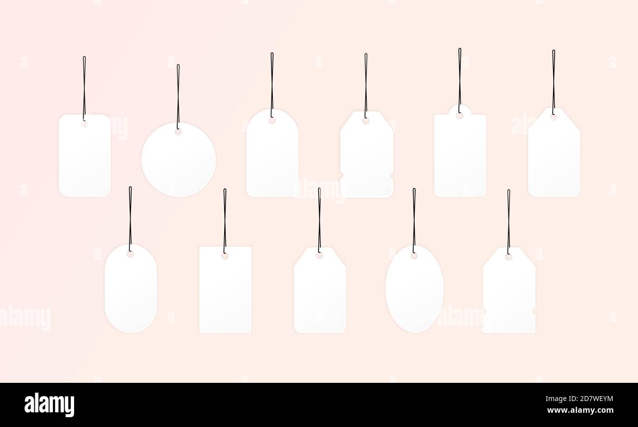 Weiße Preisschilder realistisches Icon Set. Leere weiße Papieranhänger, Etiketten, Aufkleber. Preisschilder oder Geschenkanhänger in verschiedenen Formen. Set von Etiketten mit Kabel. Stock Vektor