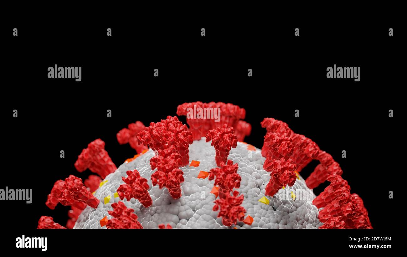 Hochauflösende fotorealistische 3D-Simulation des COVID-19-Viruskörpers. Isoliert auf schwarzem Hintergrund mit dem Kopierbereich. Stockfoto