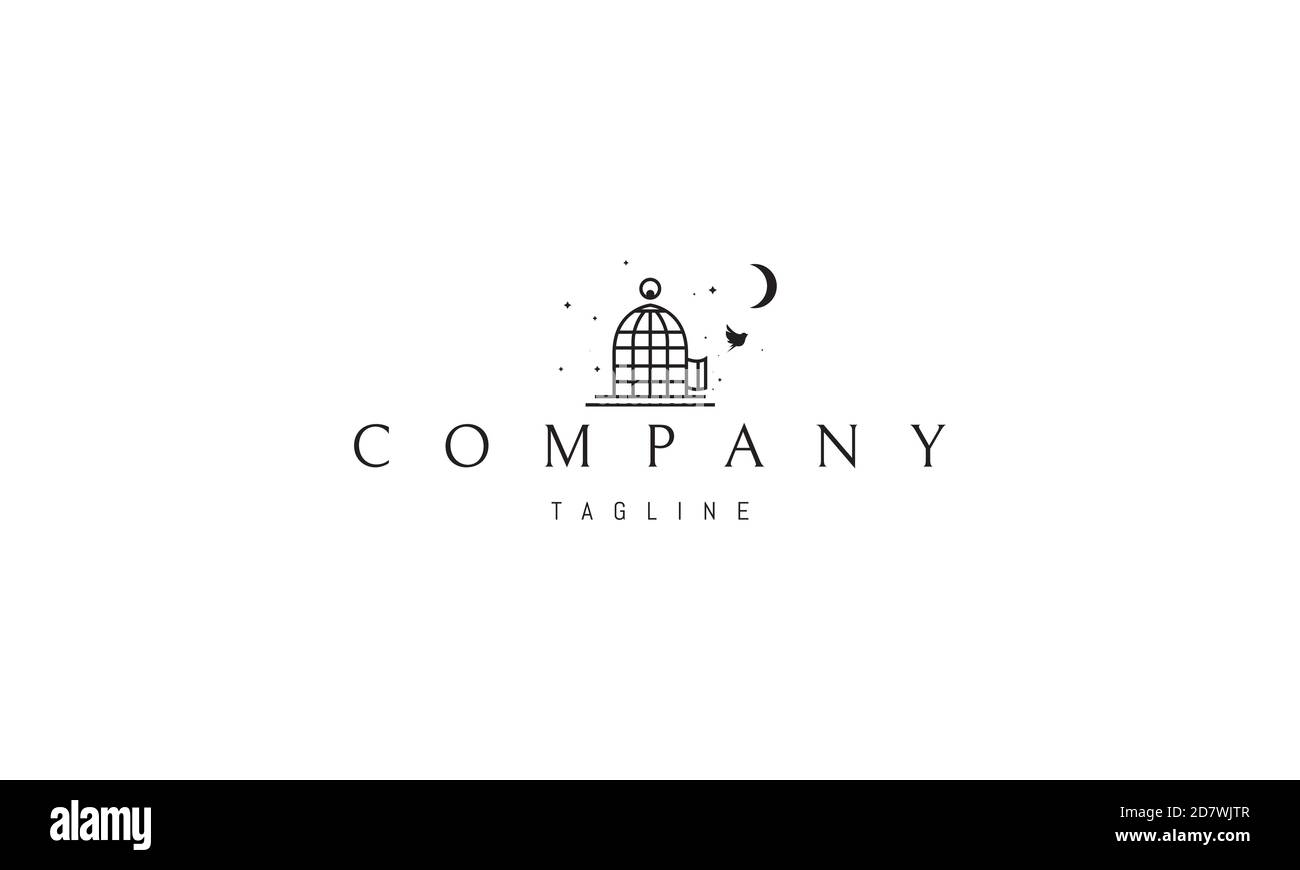 Vektor-Logo, auf dem ein abstraktes Bild eines Vogels aus einem Käfig auf einem Hintergrund von Sternen befreit. Stock Vektor