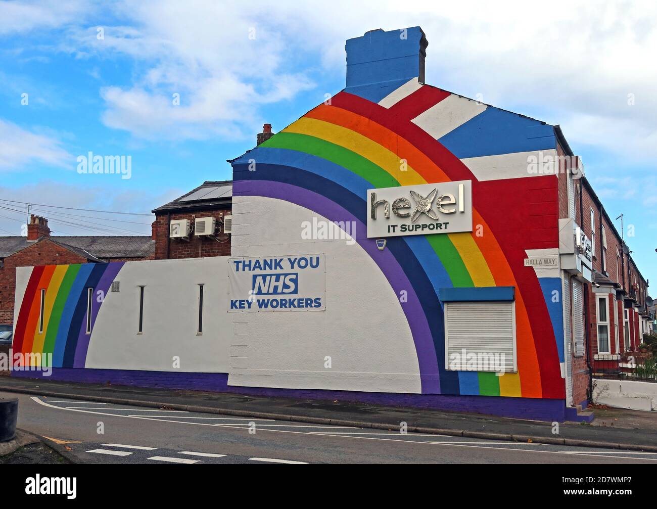 Hexel IT Support, Giebel End, vielen Dank NHS Key Workers, rainbow, Latchford, Warrington, Cheshire, England, Großbritannien, WA4 Stockfoto