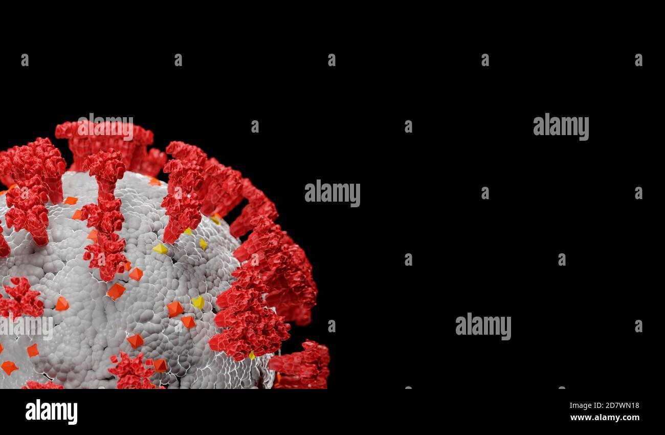 COVID-19-Viruskörper. Detaillierte und fotorealistische 3D-Render-Simulation. Isoliert auf schwarzem Hintergrund mit dem Kopierbereich. Stockfoto