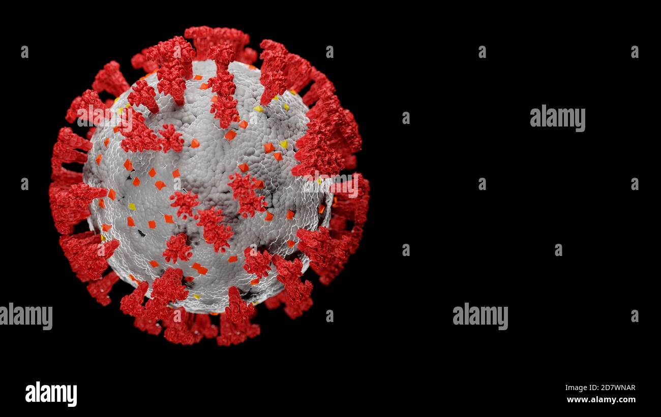 COVID-19-Viruskörper. Hochauflösende und fotorealistische 3D-Simulation mit genauer Modellierung aller Teile. Isoliert auf schwarzem Hintergrund. Speicherplatz kopieren Stockfoto