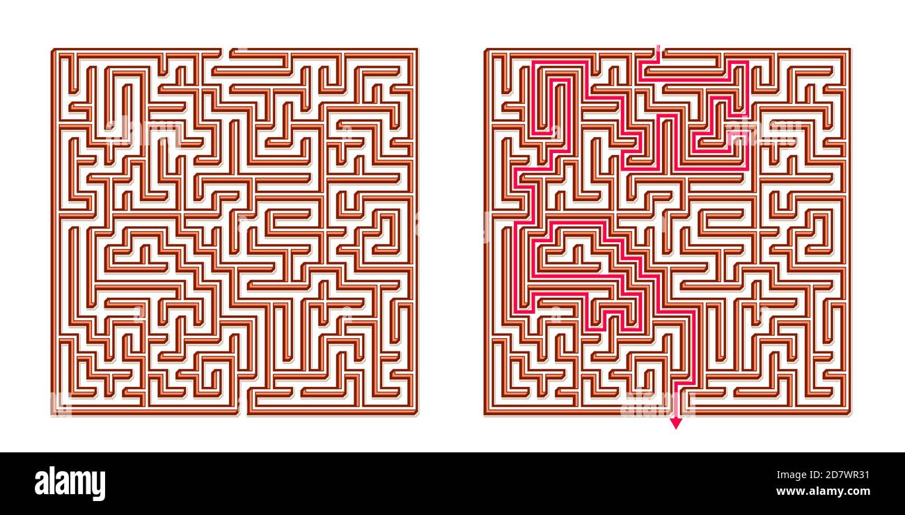Vector 3D / Isometric Easy Square Maze - Labyrinth mit im Lieferumfang enthaltener Lösung. Funny & Educational Mind Spiel für Koordination, Probleme lösen, Entscheidung Stock Vektor