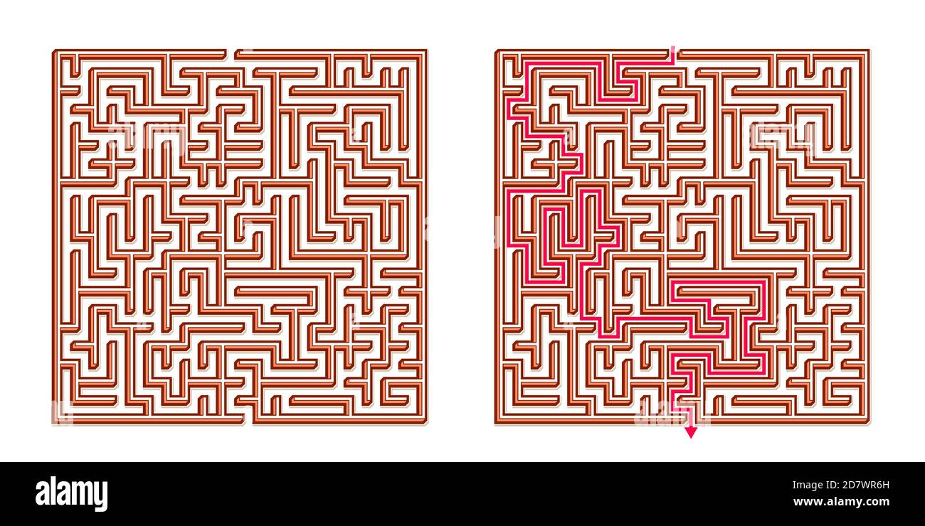 Vector 3D / Isometric Easy Square Maze - Labyrinth mit im Lieferumfang enthaltener Lösung. Funny & Educational Mind Spiel für Koordination, Probleme lösen, Entscheidung Stock Vektor