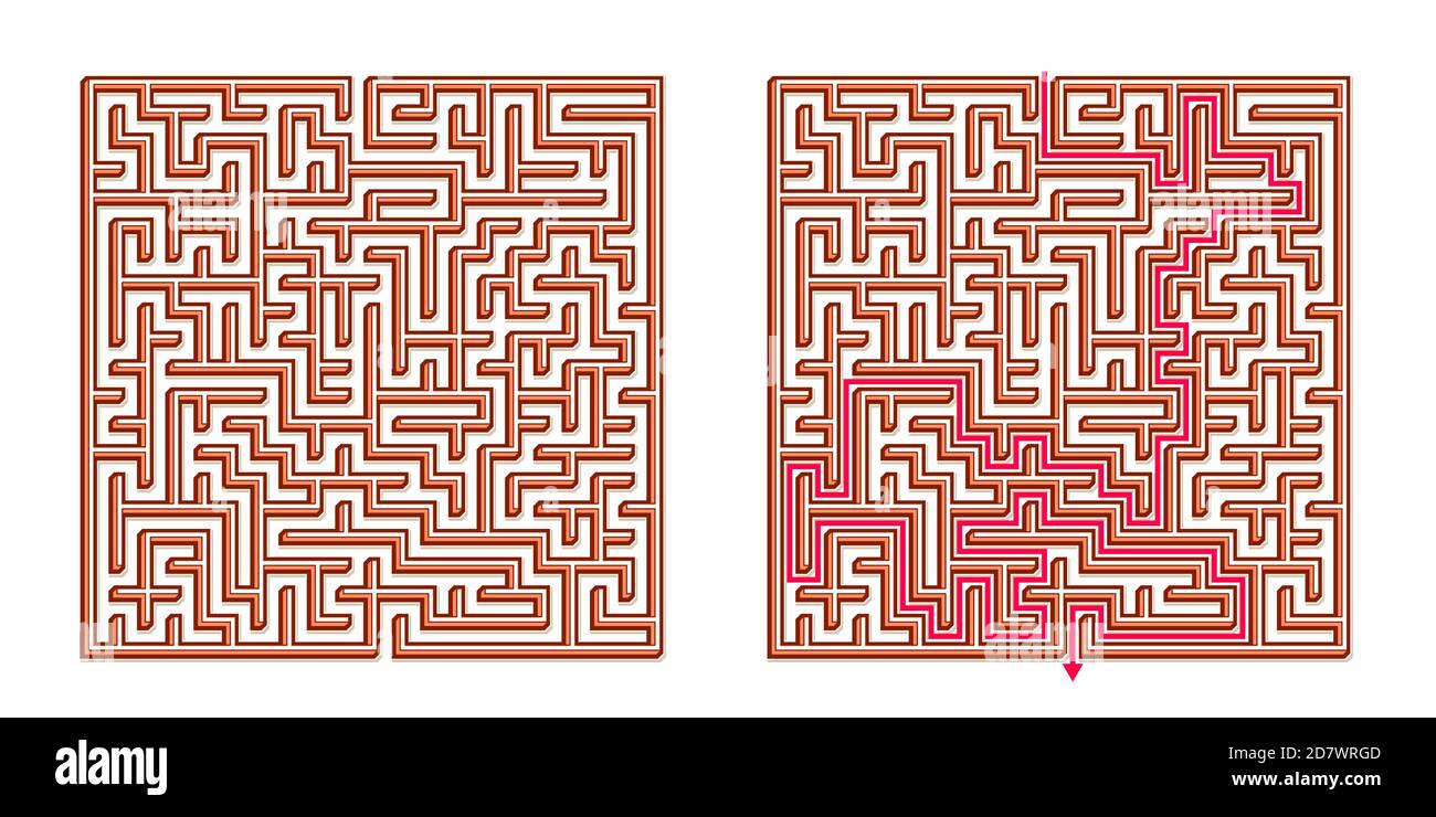 Vector 3D / Isometric Easy Square Maze - Labyrinth mit im Lieferumfang enthaltener Lösung. Funny & Educational Mind Spiel für Koordination, Probleme lösen, Entscheidung Stock Vektor