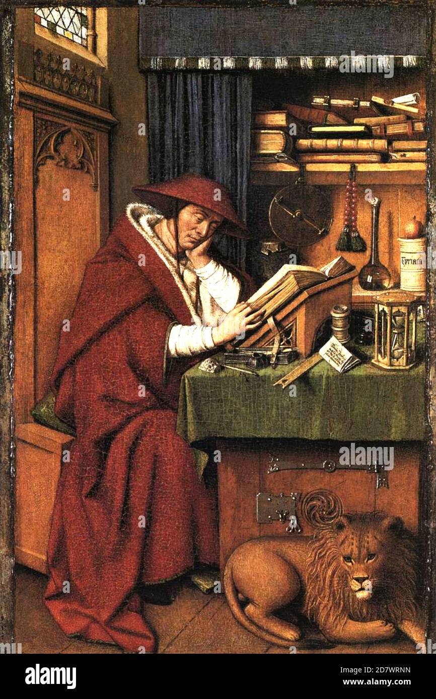 Titel: Heiliger Hieronymus in seiner Studie Ersteller: Jan van Eyck Datum: 1442 Medium: Öl auf Tafel Maße: 83.7 x 57 cm Ort: National Gallery, London, Stockfoto