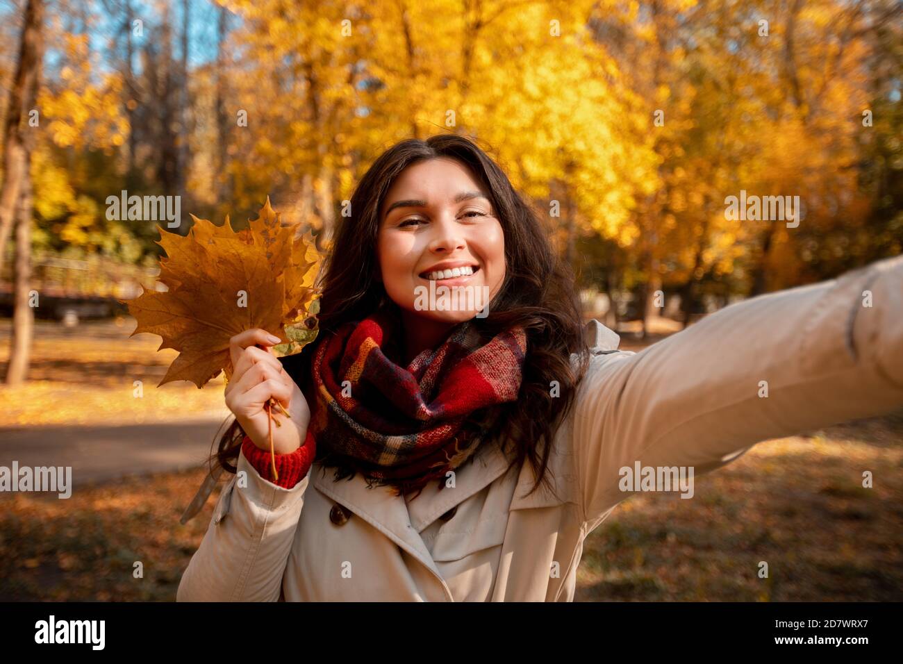 Schöne junge Frau in modischen Herbst Kleidung mit Strauß Herbstlaub und Selfie im Park Stockfoto