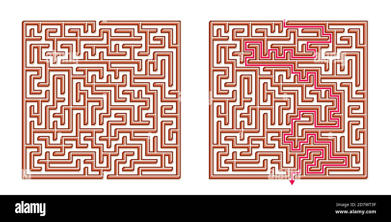 Vector 3D / Isometric Easy Square Maze - Labyrinth mit im Lieferumfang enthaltener Lösung. Funny & Educational Mind Spiel für Koordination, Probleme lösen, Entscheidung Stock Vektor