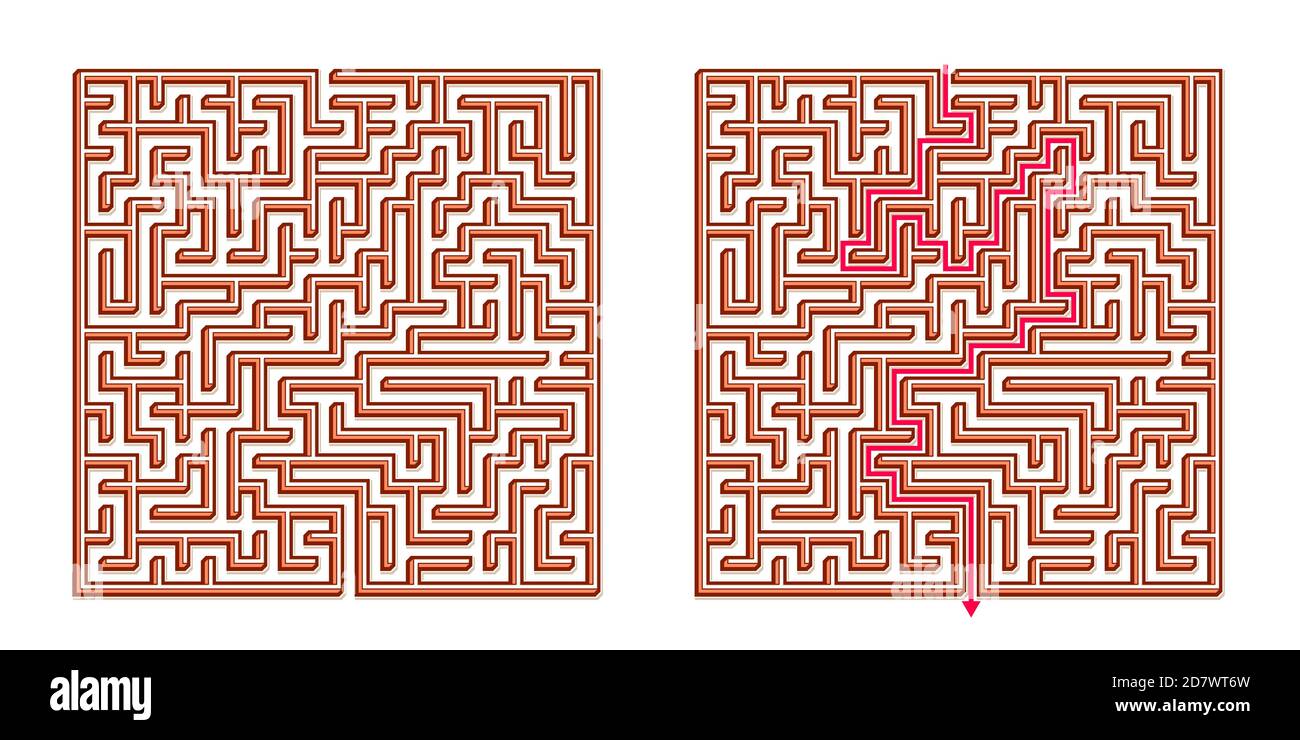 Vector 3D / Isometric Easy Square Maze - Labyrinth mit im Lieferumfang enthaltener Lösung. Funny & Educational Mind Spiel für Koordination, Probleme lösen, Entscheidung Stock Vektor