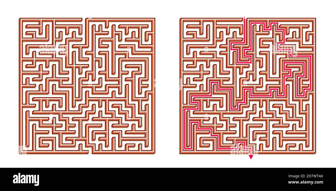 Vector 3D / Isometric Easy Square Maze - Labyrinth mit im Lieferumfang enthaltener Lösung. Funny & Educational Mind Spiel für Koordination, Probleme lösen, Entscheidung Stock Vektor