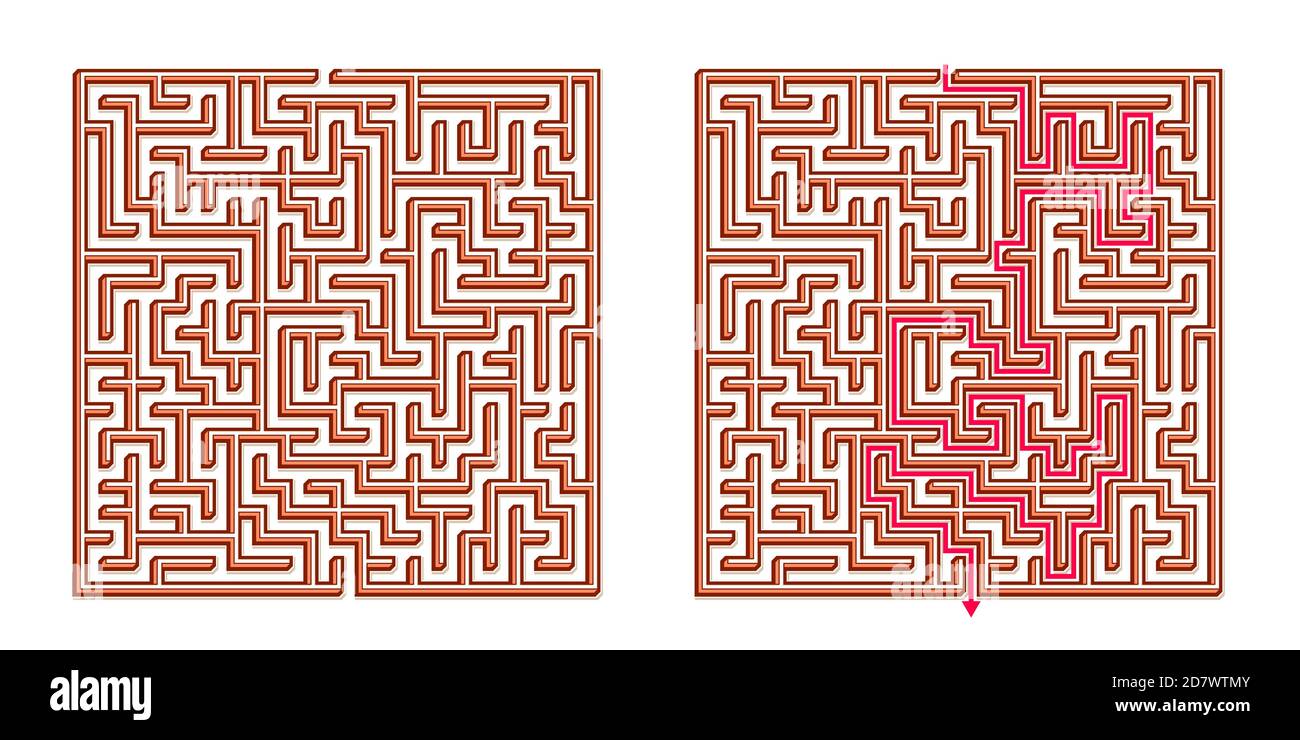 Vector 3D / Isometric Easy Square Maze - Labyrinth mit im Lieferumfang enthaltener Lösung. Funny & Educational Mind Spiel für Koordination, Probleme lösen, Entscheidung Stock Vektor