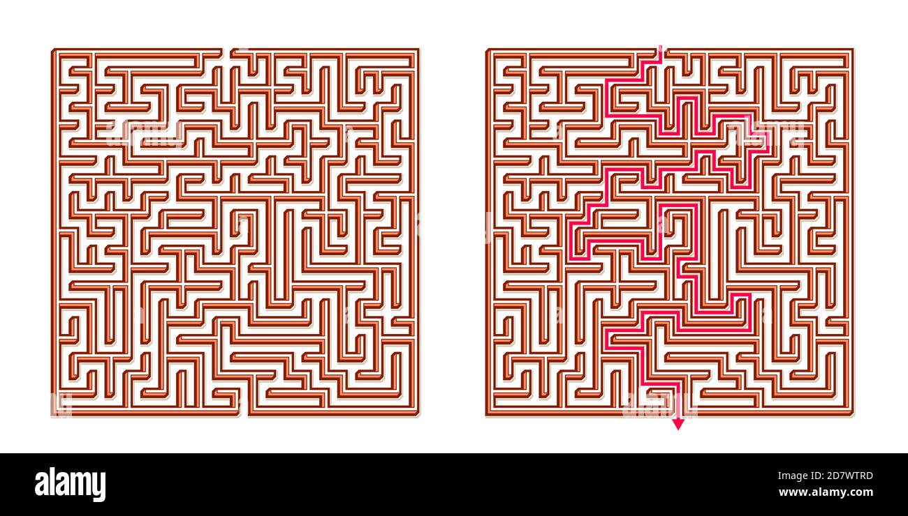 Vector 3D / Isometric Easy Square Maze - Labyrinth mit im Lieferumfang enthaltener Lösung. Funny & Educational Mind Spiel für Koordination, Probleme lösen, Entscheidung Stock Vektor