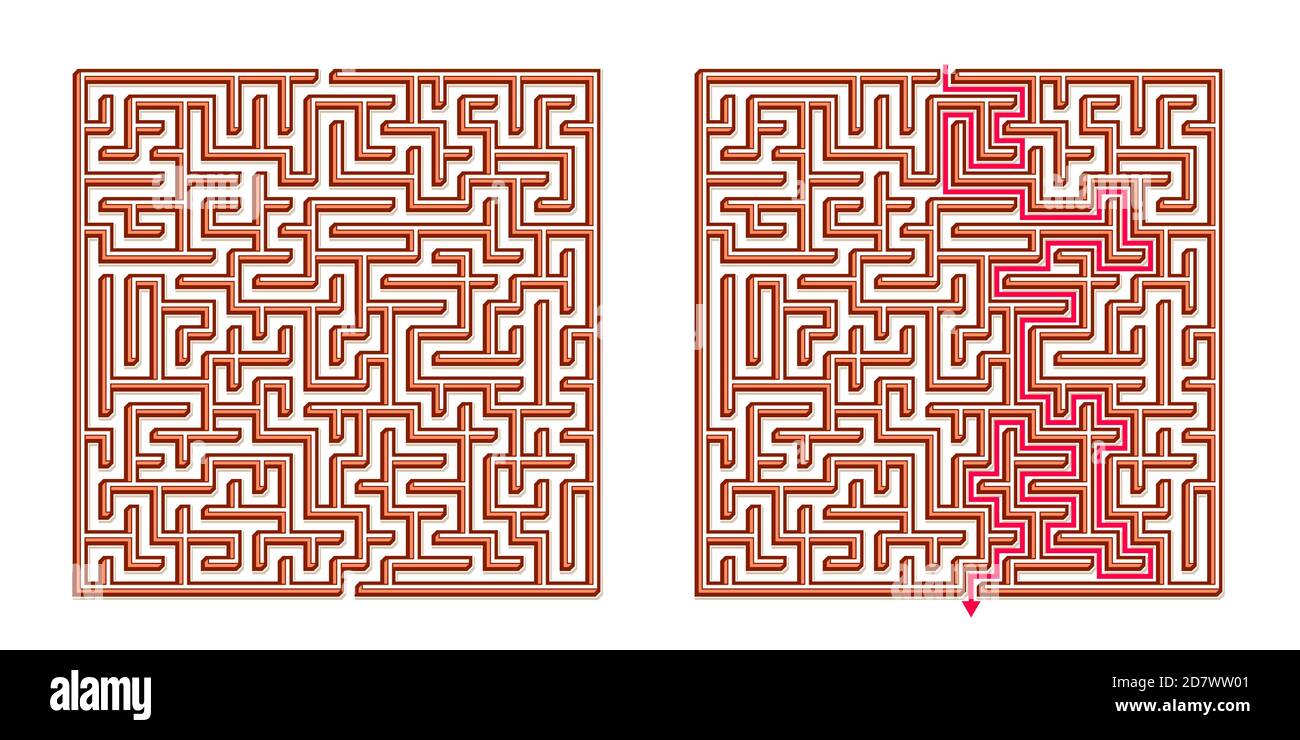 Vector 3D / Isometric Easy Square Maze - Labyrinth mit im Lieferumfang enthaltener Lösung. Funny & Educational Mind Spiel für Koordination, Probleme lösen, Entscheidung Stock Vektor