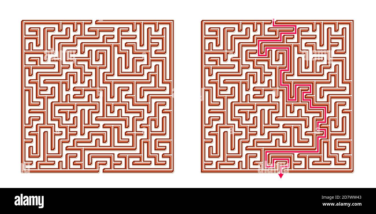 Vector 3D / Isometric Easy Square Maze - Labyrinth mit im Lieferumfang enthaltener Lösung. Funny & Educational Mind Spiel für Koordination, Probleme lösen, Entscheidung Stock Vektor