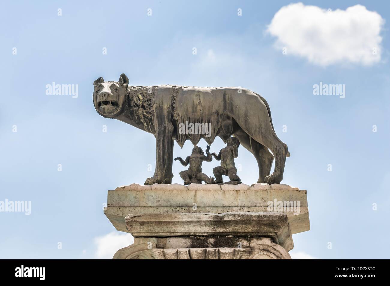 Die Bronzestatue des Kapitolinischen Wolfes, der Romulus und Remus gegen den blauen Himmel in Rom, Italien, füttert Stockfoto