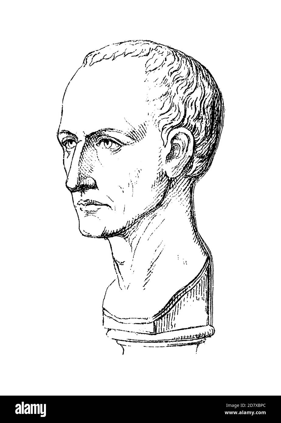 Antike Gravur, die Skulptur des Kopfes von Julius Caesar darstellt. Illustration veröffentlicht in Systematischer Bilder Atlas - Bauwesen, Ikonographische Stockfoto
