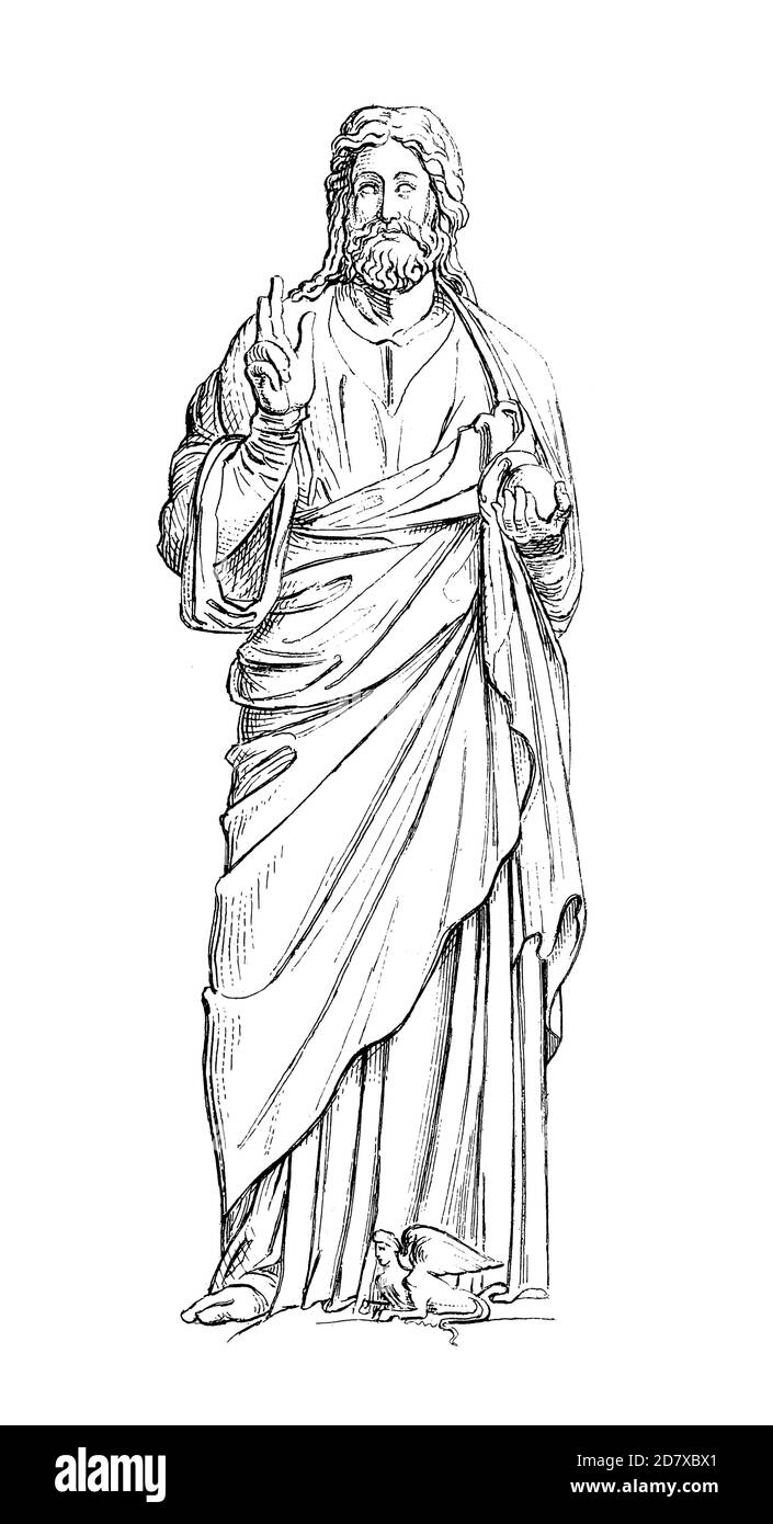 Antike Abbildung der Statue von Jesus Christus in der Kathedrale von Reims, Frankreich. Gravur veröffentlicht in Systematischer Bilder Atlas - Bauwesen, I Stockfoto
