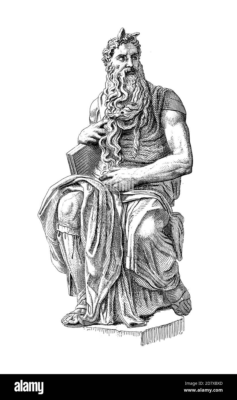19. Jahrhundert Stich von Michelangelo's Moses (c. 1513–1515) in der Kirche San Pietro in Vincoli, Rom, Italien. Illustration veröffentlicht in systemati Stockfoto
