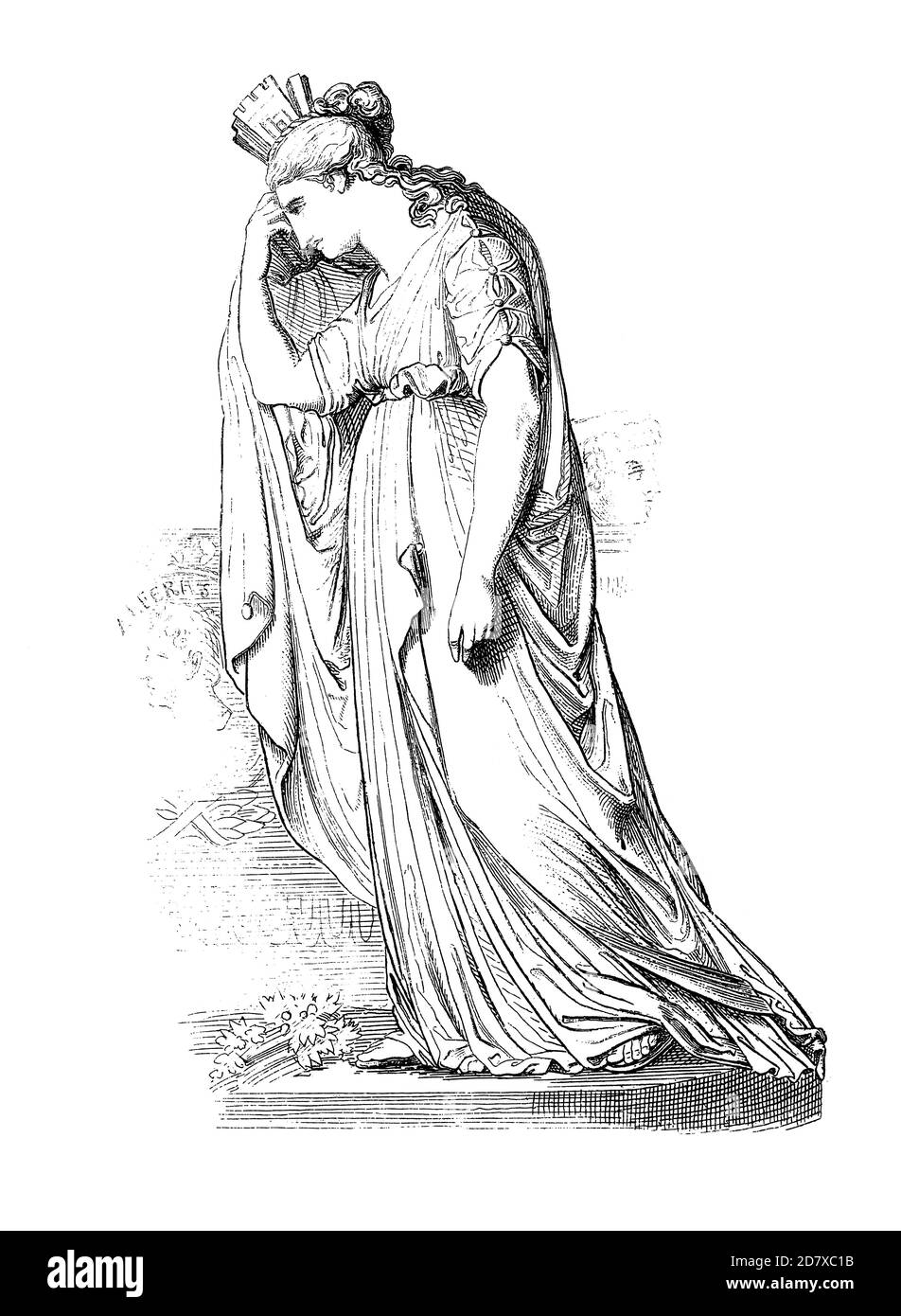 Stich aus dem 19. Jahrhundert, der weibliche Figurenskulptur von Antonio Canova aus dem Alfieri-Denkmal in der Basilika Santa Croce, Florenz, Italien darstellt. Illust Stockfoto