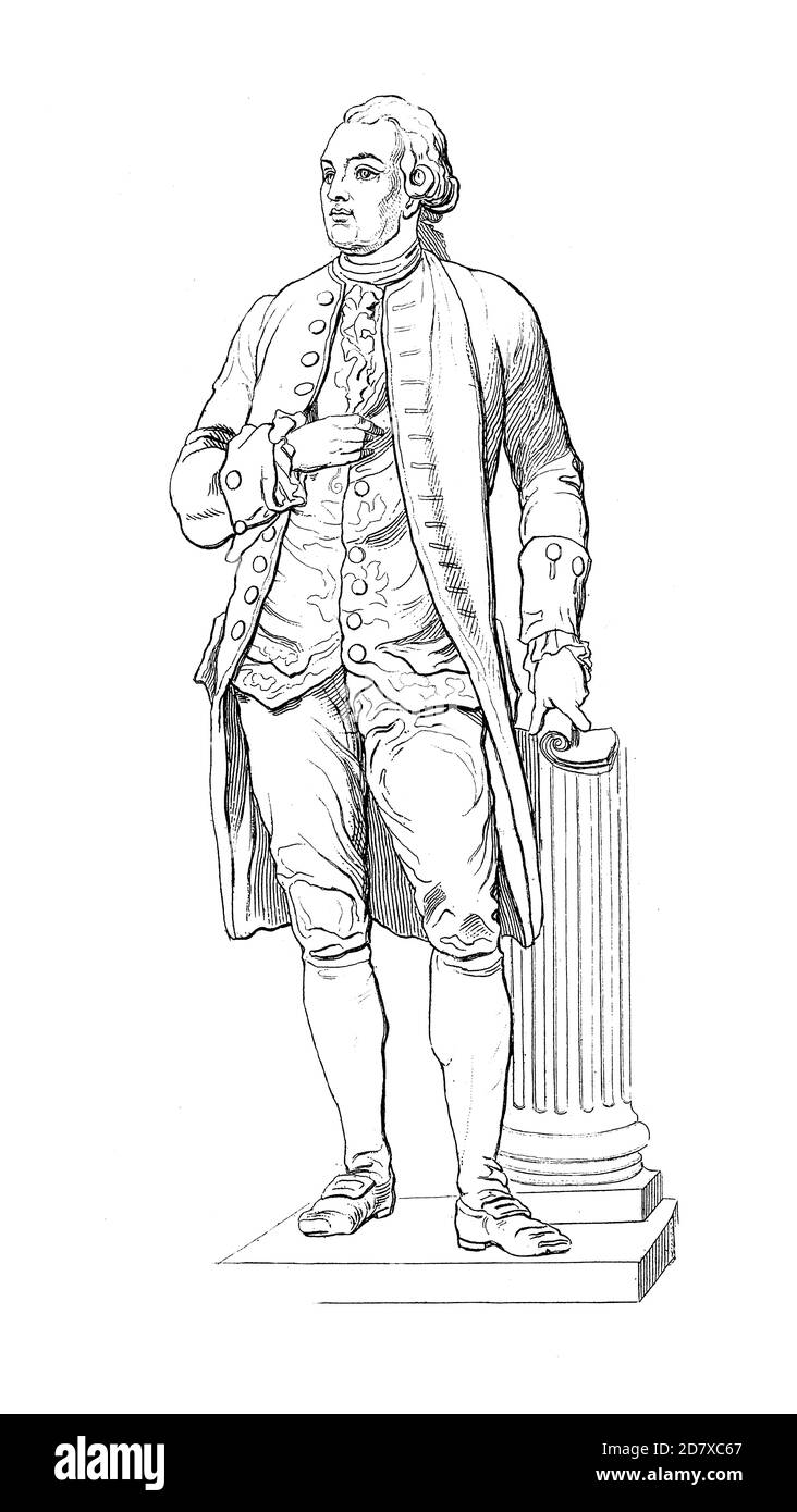 Stich aus dem 19. Jahrhundert mit der Skulptur Gotthold Lessings von Ernst Friedrich August Rietschel, deutscher Bildhauer. Illustration veröffentlicht in Systema Stockfoto