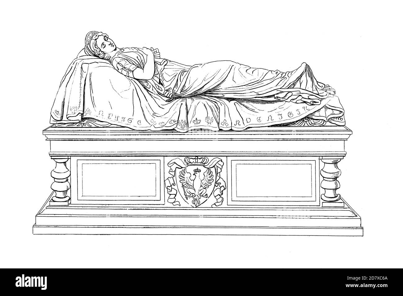 Illustration aus dem 19. Jahrhundert mit der Statue der Königin Louise von Preußen von Christian Daniel Rauch, platziert im Schloss Charlottenburg, Berlin, Deutschland. Eng Stockfoto