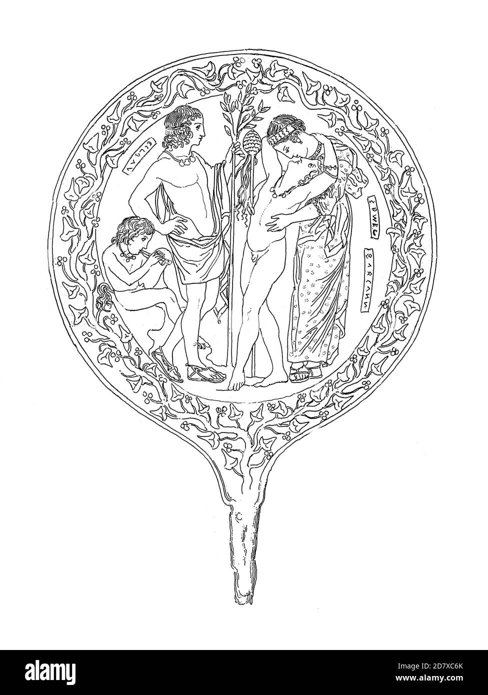 Antike Gravur von etruskischen Spiegel, Darstellung Semele und Dionysos. Illustration veröffentlicht in Systematischer Bilder Atlas - Bauwesen, Ikonographische Stockfoto