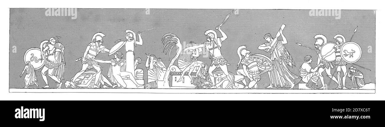 Antike Illustration der griechischen Vasenmalerei aus dem 19. Jahrhundert. Gravur veröffentlicht in Systematischer Bilder Atlas - Bauwesen, Ikonographische Encyklopedie Stockfoto