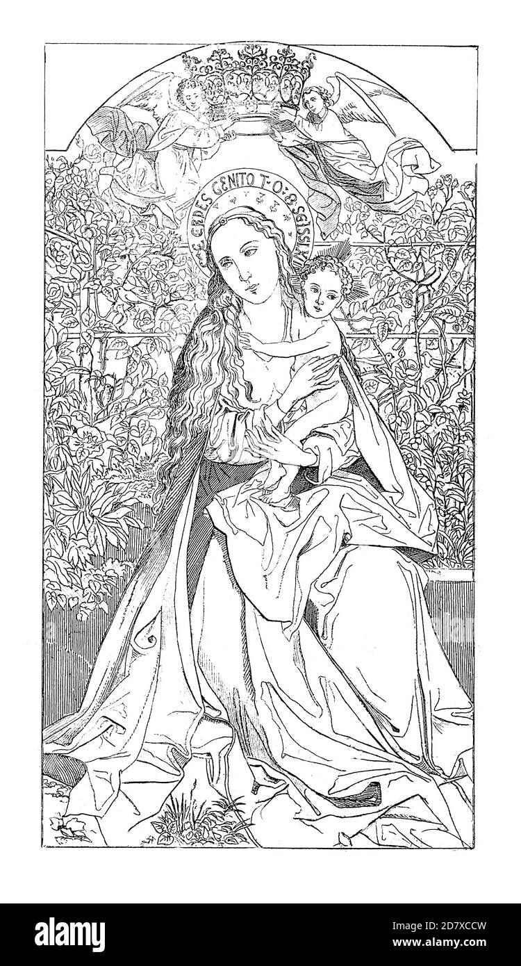 Antike Abbildung der Madonna des Rosenbusches (datiert 1473) von Martin Schongauer, deutscher Kupferstecher und Maler des 15. Jahrhunderts. Veröffentlichung der Gravur Stockfoto
