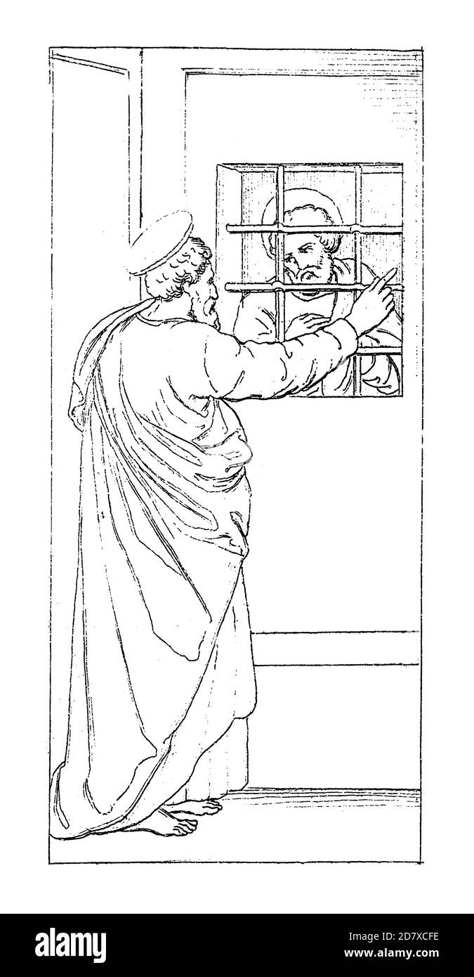 Antiker Stich aus dem 19. Jahrhundert, der St. Paul beim Besuch des St. Peter im Gefängnis zeigt, von Filippo Lippi, einem italienischen Maler (1406 - 1469). Abbildung veröffentlicht Stockfoto