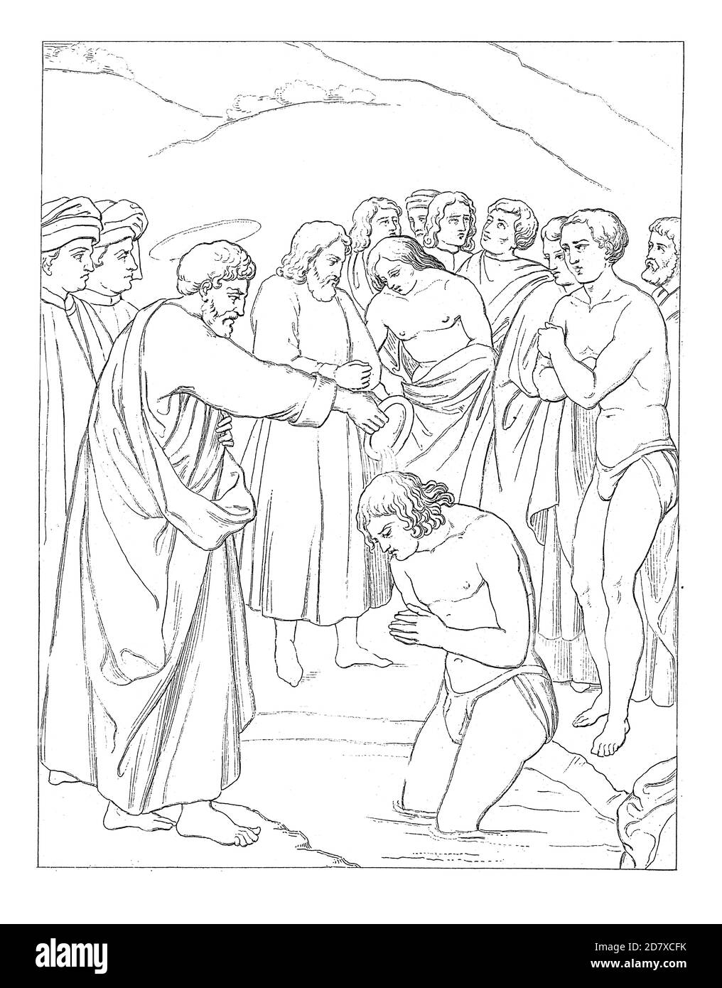 Antike Gravur mit der Taufe der Neophyten von Masaccio, italienischer Renaissance-Maler (1401 - 1428). Illustration veröffentlicht in Systematisc Stockfoto