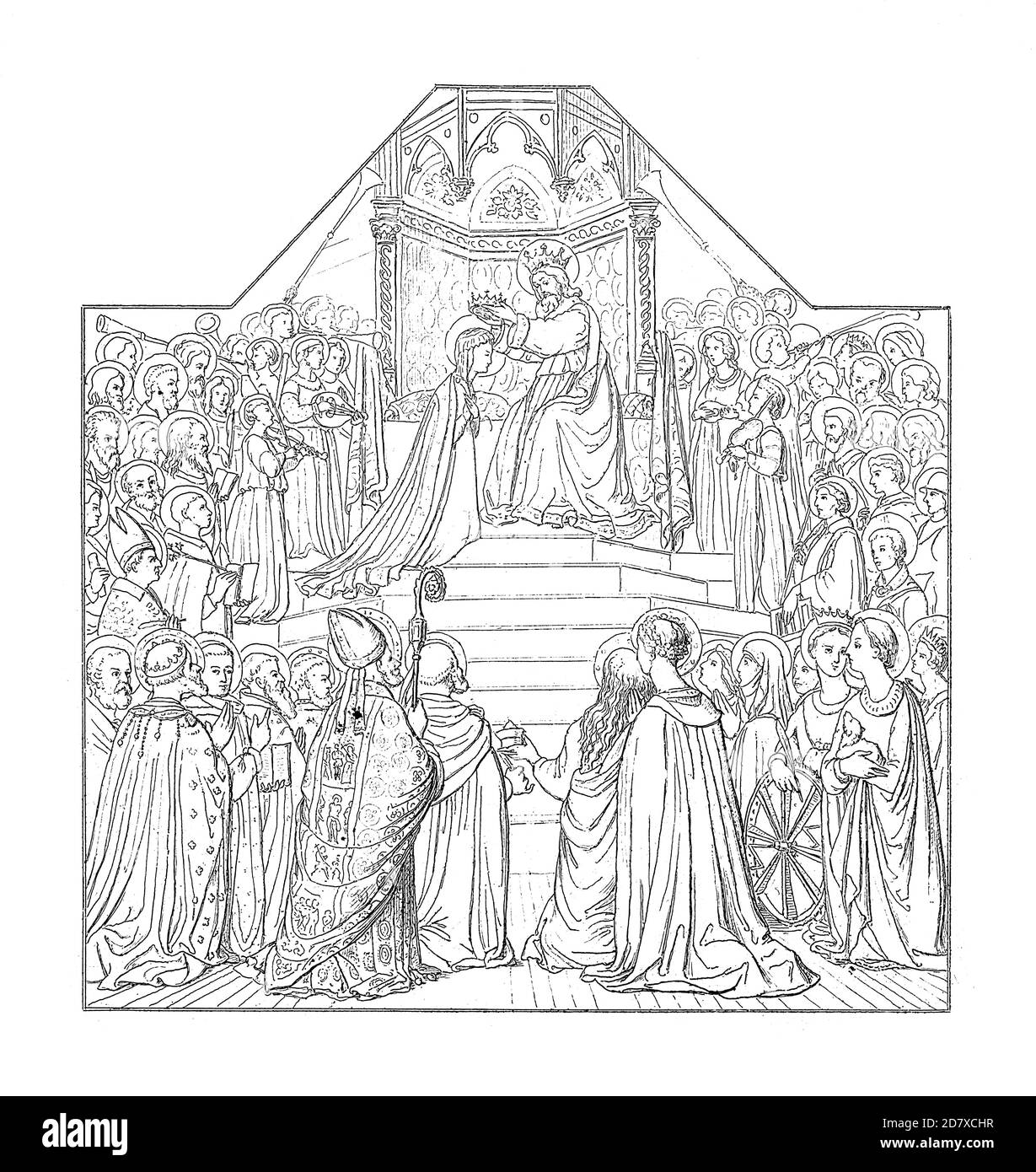 Antike Illustration aus dem 19. Jahrhundert, die Krönung der Jungfrau von Fra Angelico, italienische Renaissance-Maler (c. 1395 – 1455). Gravur veröffentlicht Stockfoto