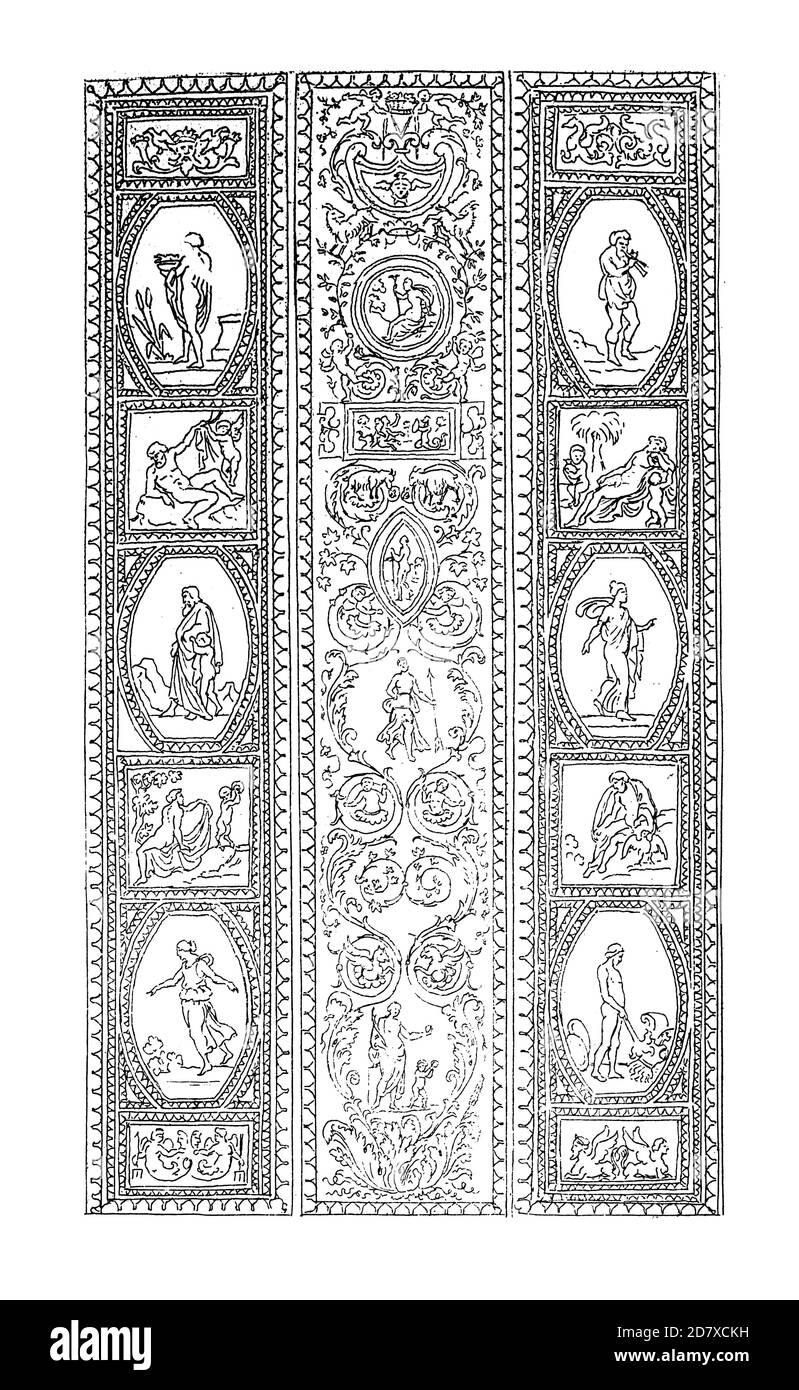 Antike Gravur mit Arabesken von Raphael im Apostolischen Palast, Vatikanstadt, Rom, Italien. Illustration veröffentlicht in Systematischer Stockfoto