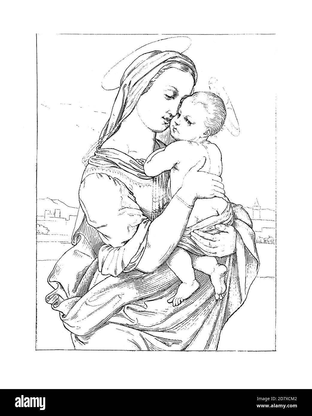 Antike Gravur mit Darstellung der Madonna Tempi, Ölgemälde von Raphael (vermutlich 1508). Illustration veröffentlicht in Systematischer Bilder Stockfoto